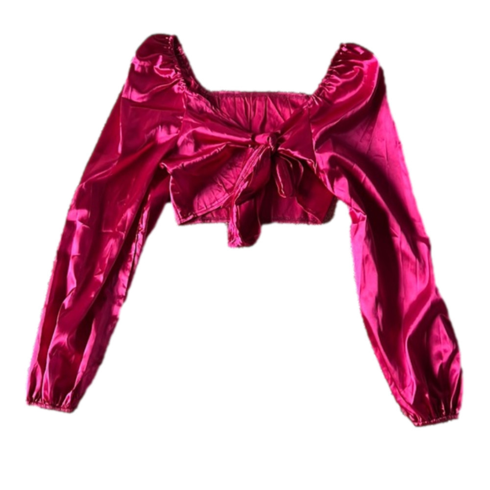 Hot pink satin cropped long sleeve top with adjustable tie